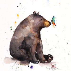 BLACK BEAR and BUTTERFLY Whimsical Watercolor Animal Print by Dean Crouser