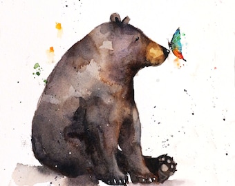 BLACK BEAR and BUTTERFLY Whimsical Watercolor Animal Print by Dean Crouser