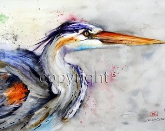 HERON Watercolor Bird Art Print by Dean Crouser