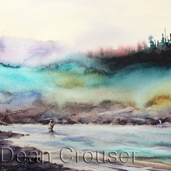 MISTY RIVER Watercolor Fishing Print by Dean Crouser