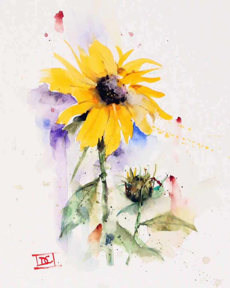 SUNFLOWER & BUD Watercolor Floral Print by Dean Crouser 