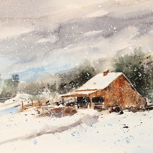 WINTER RANCH in Snow Watercolor Landscape Painting by Dean Crouser