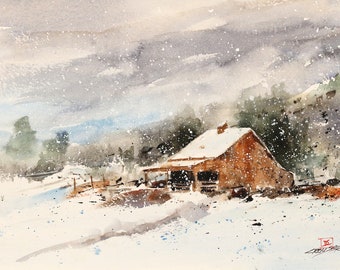 WINTER RANCH in Snow Watercolor Landscape Painting by Dean Crouser