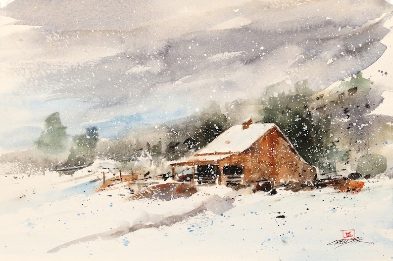 WINTER RANCH in Snow Watercolor Landscape Painting by Dean Crouser image 1
