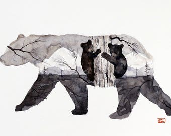 MAMA BEAR and CUBS Watercolor Print by Dean Crouser