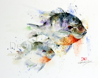 Può includere: Dipinto ad acquerello di due pesci sole, uno sopra l'altro, su uno sfondo bianco con schizzi di acquerello blu e verde. La firma dell'artista è nell'angolo in basso a destra.
