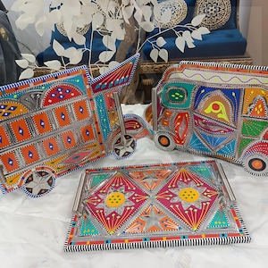Handmade Tray Set (3 Pcs), Tickshaw / Truck / Rectangle - Pakistani Truck Art : Colorful Home Decor