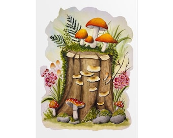 Mushroom Forest Stump - Cottagecore Giclee watercolor print
