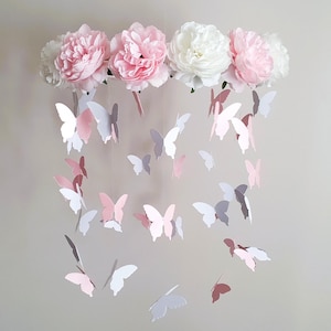 Butterfly Baby Mobile, Flower and Butterfly Mobile, Peonies Mobile, Peony Nursery Decor, Pink Baby Mobile, Baby Girl Mobile, Floral Mobile
