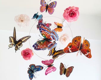 Butterfly Baby Mobile for Nursery, Realistic Butterfly, Butterfly and Flower Mobile, Ceiling Mobile, Girls Mobile, Nursery Decor