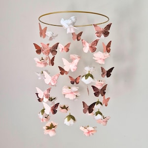 Flower and Butterfly Mobile, Baby Girl Mobile for Crib, Butterfly Crib Mobile, Rose Gold Baby Mobile, Flower Mobile, Floral Nursery Mobile
