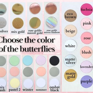 May include: A color chart with various circular samples, including metallic and matte finishes, and a range of colors like pink, green, and blue. Text reads "Choose the color of the butterflies."