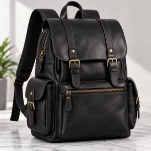Puede incluir: Una mochila negra con una solapa superior con dos correas de hebilla, un bolsillo frontal con cremallera y dos bolsillos laterales. La bolsa incluye herrajes de metal en tono latón antiguo, correas ajustables y un asa superior.