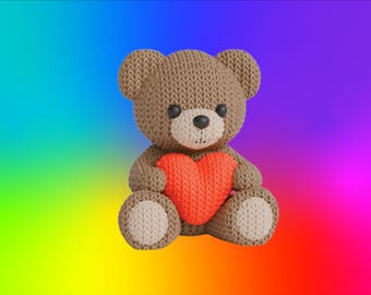 3D Knitted Teddy Bear Figurine with Heart • Cute Handmade Sculpture • Romantic Gift • 2 Sizes & 14 Colors