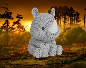 3D knitted rhinoceros figurine • Exotic handcrafted sculpture • Original decoration • 3 sizes and 14 colors