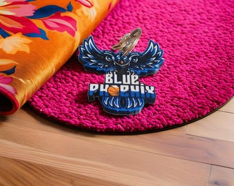 Blue Phoenix basketball keychain – Home team logo – Personalized fan gift with engraved name