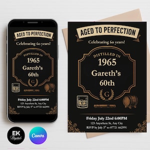 Aged to Perfection Invitation | Digital 60th Birthday Invite | Whiskey Label Editable Template | Black & Brown Party Invite