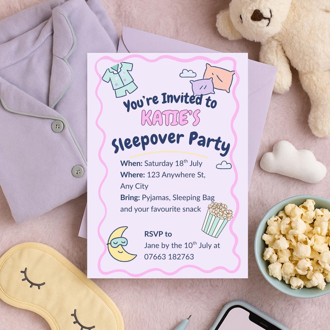 Sleepover Party Invitation Cute Pyjama Party Invite Pastel Kids 