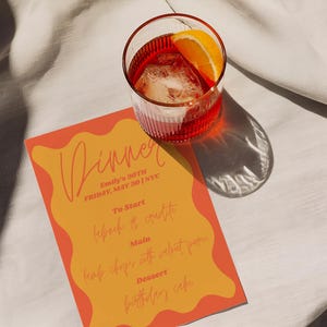 Bearbeitbares Retro Dinner Party Menü | 30. Geburtstag Abendessen zum Ausdrucken | Modernes welliges Menü | Sofortdownload | Boho Party Dekor