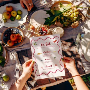 Menu modifiable pour le dîner et les boissons dessiné à la main | Modèle fantaisiste de toile de bordure ondulée | Été italien | Fête rose et rouge | Téléchargement instantané