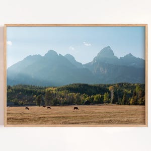 May include: A framed landscape print featuring a mountain range under a blue sky. The foreground shows a field with horses grazing. The print is in a natural wood frame.