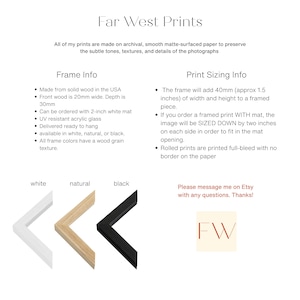 May include: Informational graphic from Far West Prints detailing frame and print sizing information. The graphic shows frame cross-sections in white, natural, and black. Text includes details about materials, matting, and dimensions, with a call to message on Etsy.