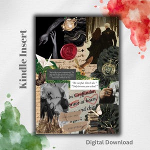 May include: A collage-style Kindle Insert with various images and text elements. The design includes a red wax seal, an owl, a pocket watch, and a couple walking in a forest. Text includes quotes and the words "Gryffindor" and "Digital Download."