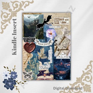 May include: A collage-style Kindle Insert with a fantasy theme. It features a castle, dragon, open book, and floral elements. Text includes "Once upon a time...", "Book Lover", and "Hello Feyre Darling". The words "Digital Download" are also present.