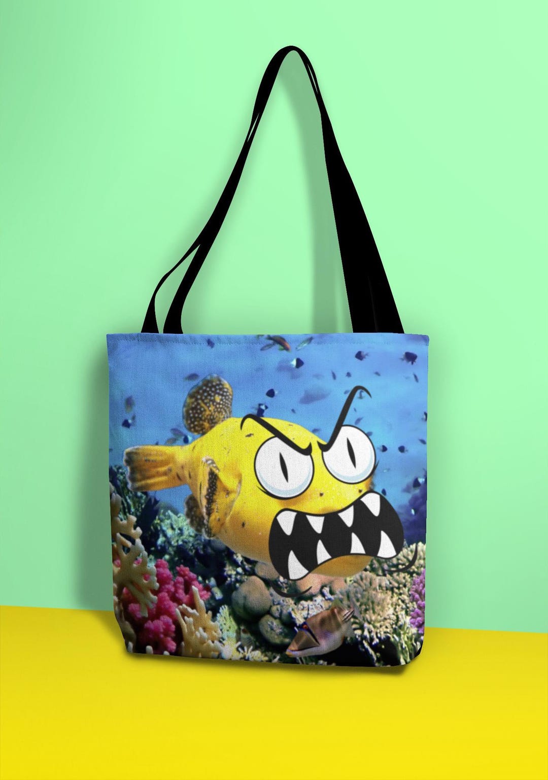 Deluxe Premium Quality Funny Angry Fish Canvas Tote Bag, Quirky Beach ...