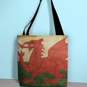 Welsh Dragon Canvas Tote Bag: Vintage Flag Reusable Shopping Bag