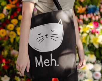 Funny Cat 'Meh' Tote Bag, Reusable Canvas Shopping Bag
