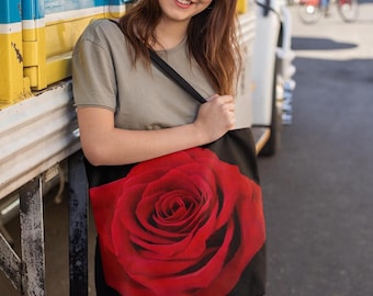 Red Rose Canvas Tote Bag: Stylish Floral Grocery Shopper