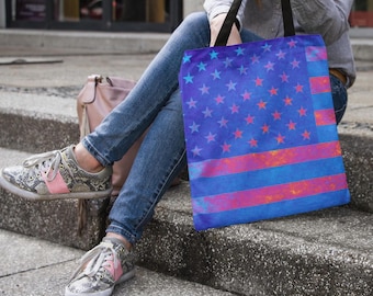 Neon USA Flagge Canvas Tragetasche: Doppellagige Einkaufstasche