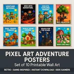 Pixel Art Adventure Posters – Set of 10 Printable Wall Art 5 Sz HD| Retro Voxel Game-Inspired Decor for Kids Gamers Gift | Instant Download