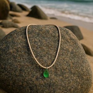 Emerald Green Sea Glass Necklace – Handcrafted Ocean Pendant on Waxed Leather Neklace – Pacific Sea Glass Jewelry