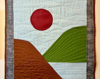 Abstract Landscape Mini Quilt: Fiber Art Wall Hanging with Dowel