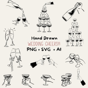 Hand-Drawn Wedding Cheers icons. Champagne Tower, Wine, cheers, Toasting clipart. Svg, PNG, AI, Canva Editable cliparts, Digital download
