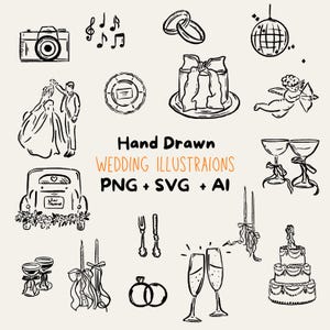 Hand-Drawn Wedding icons. Wedding day clipart. Svg, PNG, AI Perfect for wedding timeline, order of events, invites. Canva Editable, Digital