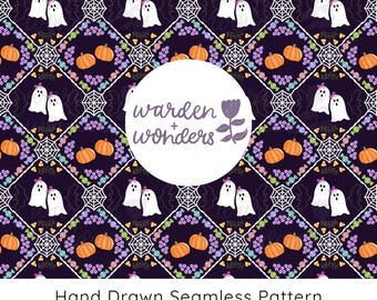 Girly Ghosts Seamless Pattern, Cute Halloween Digital Paper (PNG)