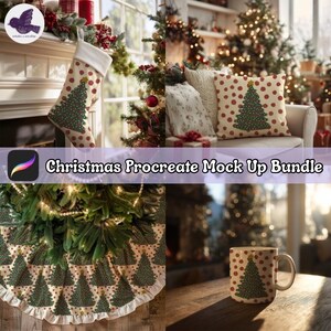 May include: A Christmas-themed mockup bundle featuring a stocking, throw pillows, a tree skirt, and a mug. Each item displays a repeating pattern of green Christmas trees on a beige background with red polka dots. The text "Christmas Procreate Mock Up Bundle" is also visible.