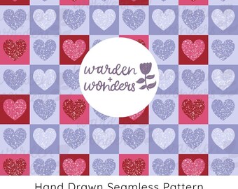 Hand-Drawn Pastel Heart Checkerboard Seamless Pattern | Pink Valentine Digital Paper | Textured Valentines | Girly Seamless Design