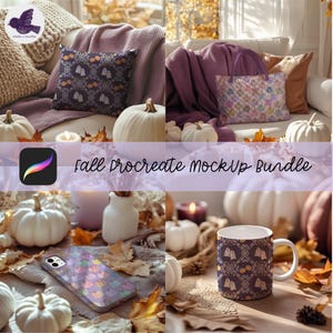 May include: A fall-themed mockup bundle featuring a Procreate app icon, pillows, a tote bag, a phone case, and a mug. The items display a repeating pattern of ghosts and pumpkins in shades of purple, gold, and white. White pumpkins, candles, and fall leaves complete the autumn aesthetic.