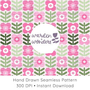 May include: A seamless pattern featuring pink and white flowers with green stems and leaves. The design includes the text "warden + wonders" in a white circle, and the words "Hand Drawn Seamless Pattern" and "300 DPI • Instant Download" at the bottom.