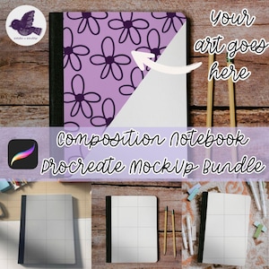 Puede incluir: Un paquete de maquetas de cuadernos de composición con un diseño floral púrpura. El cuaderno está abierto, revelando una página en blanco. El texto "Your art goes here" es visible, junto con las palabras "Composition Notebook Procreate Mockup Bundle".