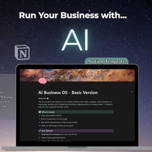 May include: A laptop screen shows a Notion template labelled "AI Business OS - Basic Version." The image includes the text "Run Your Business with AI" and features like "Built in Notion" and "Beginner Friendly."