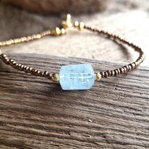 Aquamarine Beaded Bracelet: Bronze Seed Beads, Lobster Claw Closure