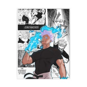 May include: A poster featuring a manga-style illustration of a muscular character with purple hair and blue energy effects. The text "HOLLOW TECHNIQUE" and "THE STRONGEST SORCERER OF TODAY" are visible.