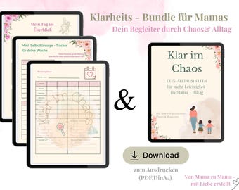 Puede incluir: Paquete de planificadores digitales para madres, con un seguimiento semanal de autocuidado y una visión general diaria. Las tabletas muestran texto en alemán, con acentos florales y un botón de descarga.