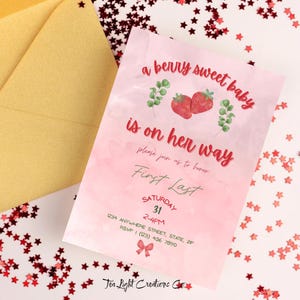 Een zoete baby showeruitnodiging Berry, baby showeruitnodiging aardbei, babyshower Berry, bewerkbare babyshoweruitnodiging