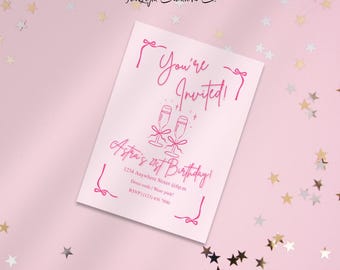 Girls Pink Bow 21st Birthday Editable Birthday Invitation Template | Pink Birthday Invitation | Editable Invitation | Pink Invite | Coquette